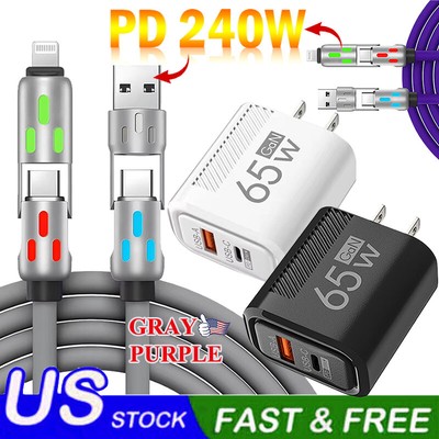 240W Fast Charging Wall Charger & RGB Charge Cord For iPhone 16 15 Pro Max 14 13