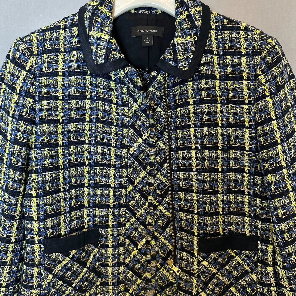 Chaqueta Ann Taylor Mujer 4 Azul Verde Blazer Ropa de Trabajo Tweed Manga Larga Foto 3 de 4