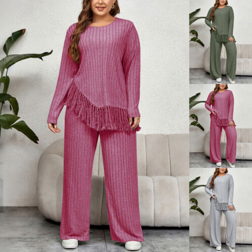 2PCS Womens Long Sleeve Solid Pullover Round Neck Casual Kint Tops Pants Sets