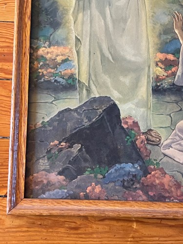 Vintage Artist Signed Arts & Crafts Style Religious Print of Jesus & Woman Near - Picture 9 of 16
