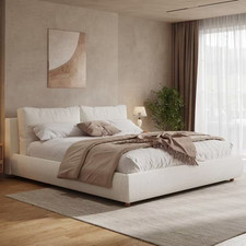 White Wood Frame King Size Boucle Fabric Upholstered Platform Bed with 2-Removab