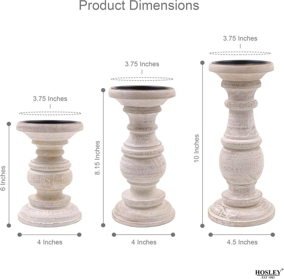Juego de 3 candelabros de pilar de madera encalada Hosley - 10”, lavado blanco Foto 3 de 4