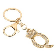 Initial Letter Keychain, Letter Q Crown Design Charm with Crystal, Gold Tone