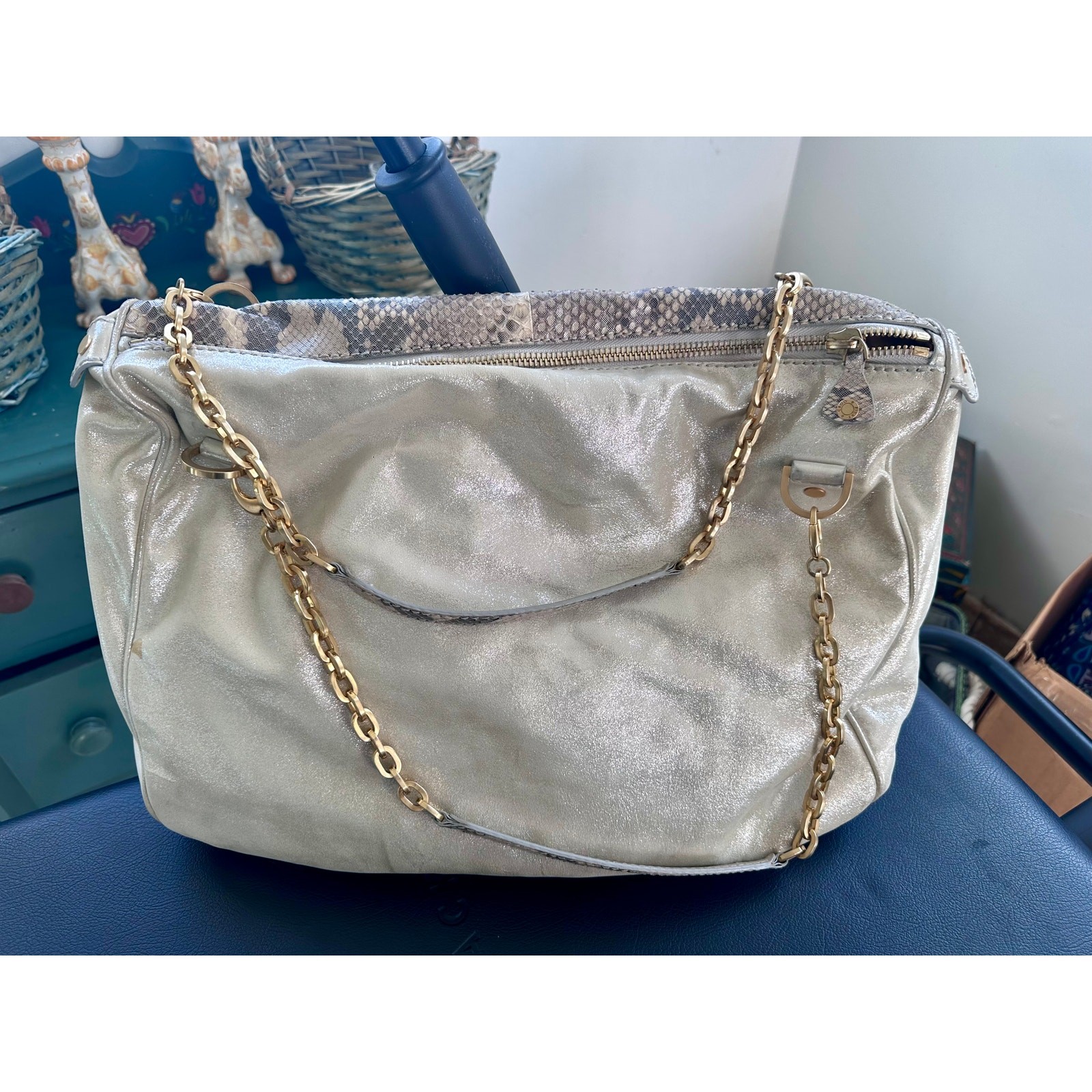 VINTAGE ONE OF A KIND JIMMY CHOO LARGE PYTHON & LEATHER BAG -TONS OF POCKETS! image 2