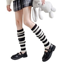 Women Punk Leg Warmers Black White Striped Ribbed Knit Knee High Socks