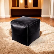 Ottoman Boho Leather Moroccan Pouffe Footstool Genuine 20'' Unstuffed Black New