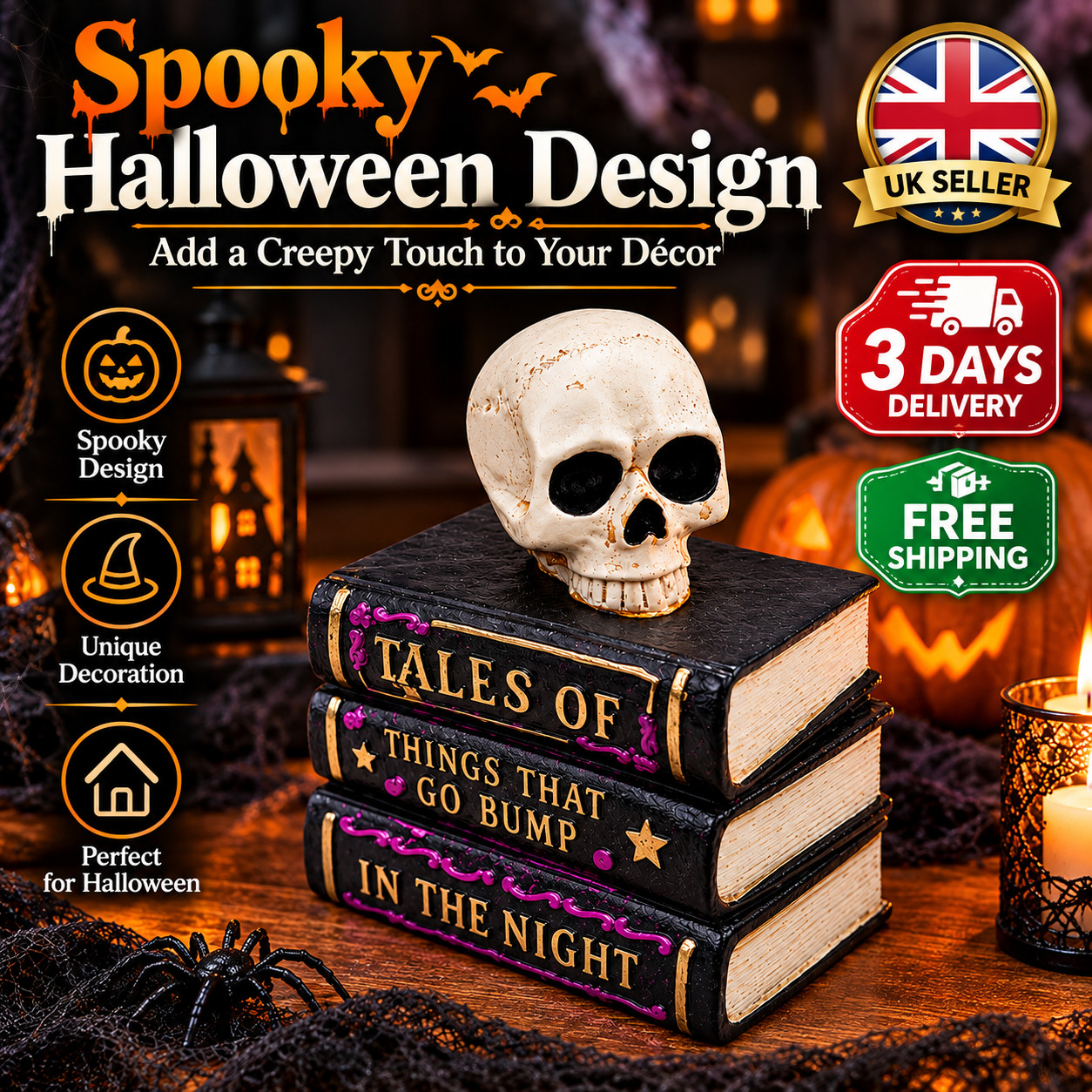 Halloween Stacked Books Skull Decor Gothic Spooky Skeleton Shelf Table Ornament