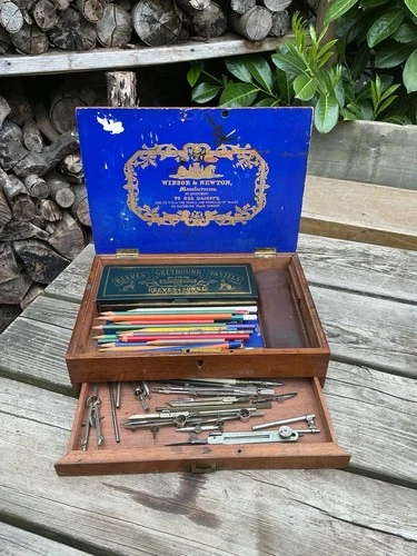 Antique Winsor & Newton Mahogany Artists Box - Pencils Pastels & Drawing Tools