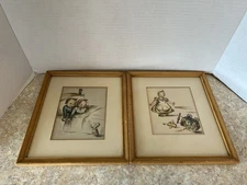 Two Old Framed & Matted Colored Pictures of Cute Children Under Glass.