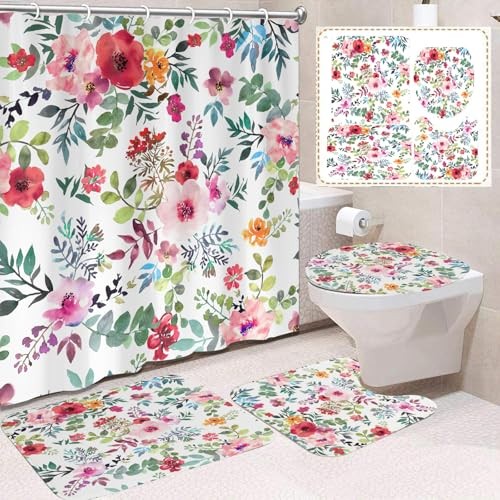 Flowers Plants Shower Curtain Set with Toilet Lid Cover and Non-Slip Rugs for