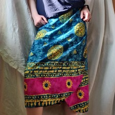 VTG Wrap Midi Skirt S Adjustable Waist Turquoise Pink Floral Mandala Boho Fairy