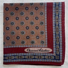 VTG Handkerchief Brown Cotton Medallion Geometric Red Border Pocket Square 18" E