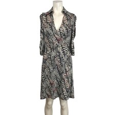 DIANE von FURSTENBERG - WOMENS 2 - BLACK & CREAM COLLARED WRAP AROUND SILK DRESS