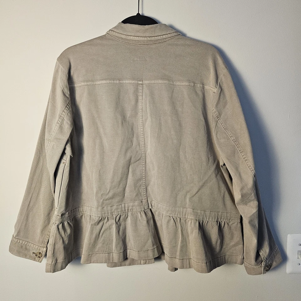 Chaqueta J Jill XL Petite Beige Lienzo Cuello Abotonado Parche Bolsillos Peplum Foto 2 de 4