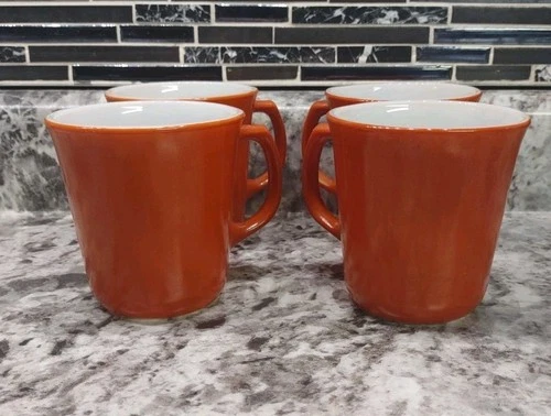4 Vintage PYREX Corning Milk Glass Burnt Orange Rust Coffee Cups Mugs D Handle