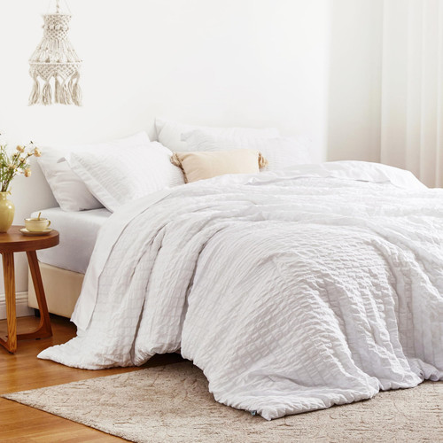 Seersucker White Queen Comforter Set 7 Pieces, All Season Lightweight Bedding...
