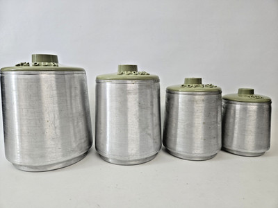 Vintage Kromex Spun Aluminum 8 Pcs Canister Set Green Lids