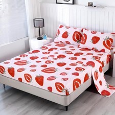 Pink Strawberry Sheets Set Twin 4 PCS Soft Microfiber Bedding Girls Kids Decor