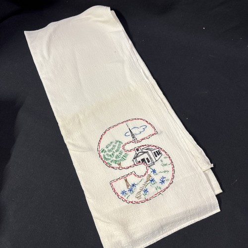 Vintage Hand Embroidered Tea Dish Towel 36” x 40” Church Scene “S” Initial - Picture 4 of 4