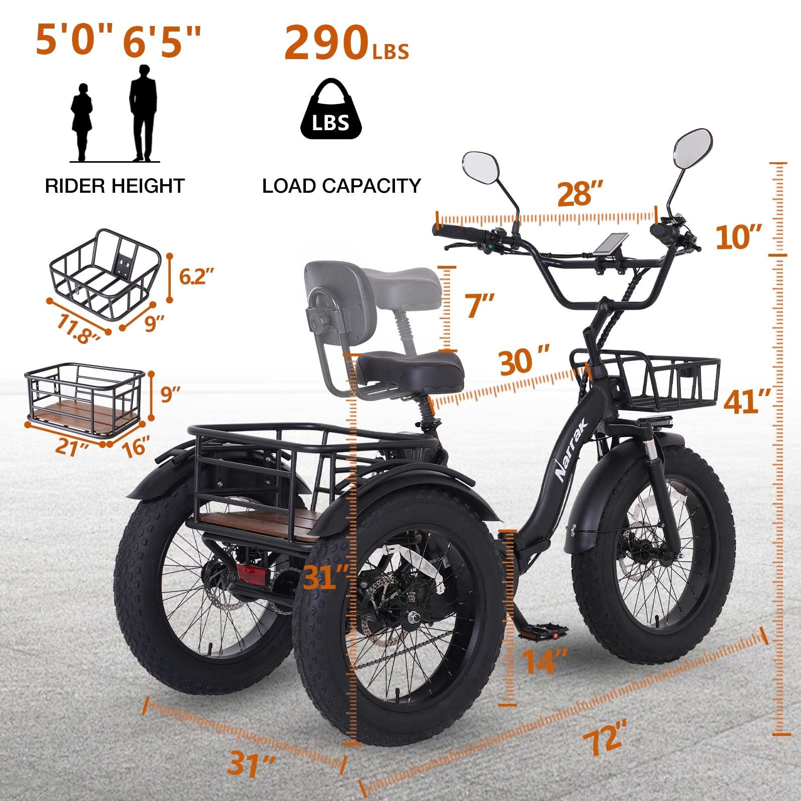 Narrak Electric Folding Tricycle, Etrike 750W Motor 48V13Ah Removable Battery