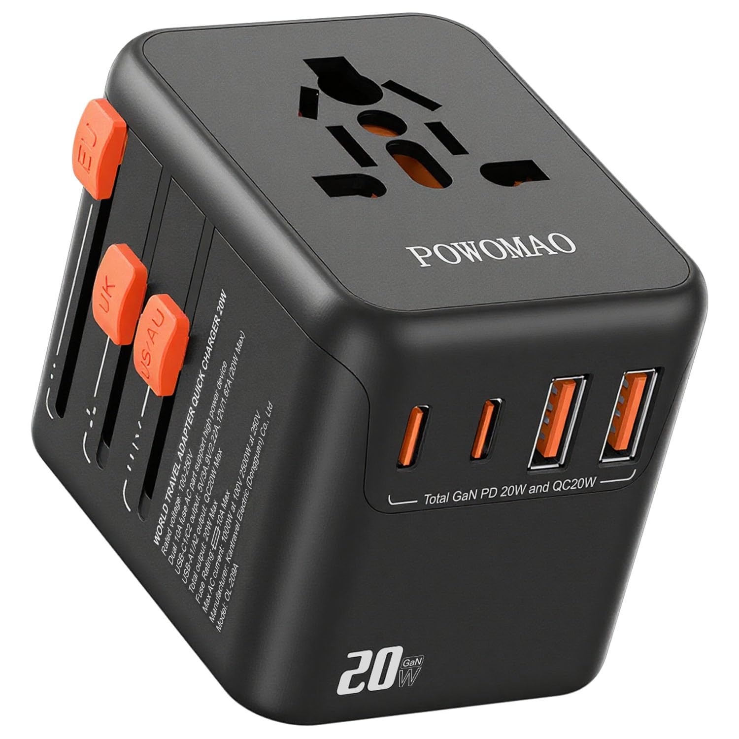 POWOMAO Universal Travel Adapter Worldwide with 2 USB C and 2 USB A Ports Travel
