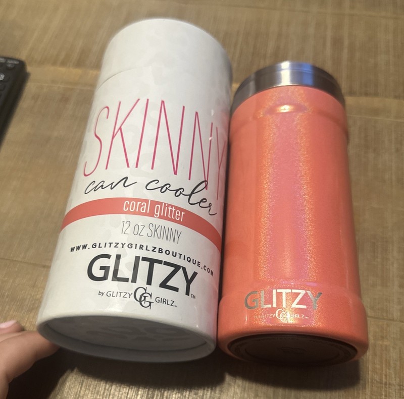 NEW Glitzy Girlz Skinny Can Cooler 12 oz Coral Glitter Stainless Steel Insulated