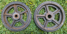 Vintage Cast Metal Spoke Wheels Rubber Tires Industrial Lot Of 2 As Is Damaged