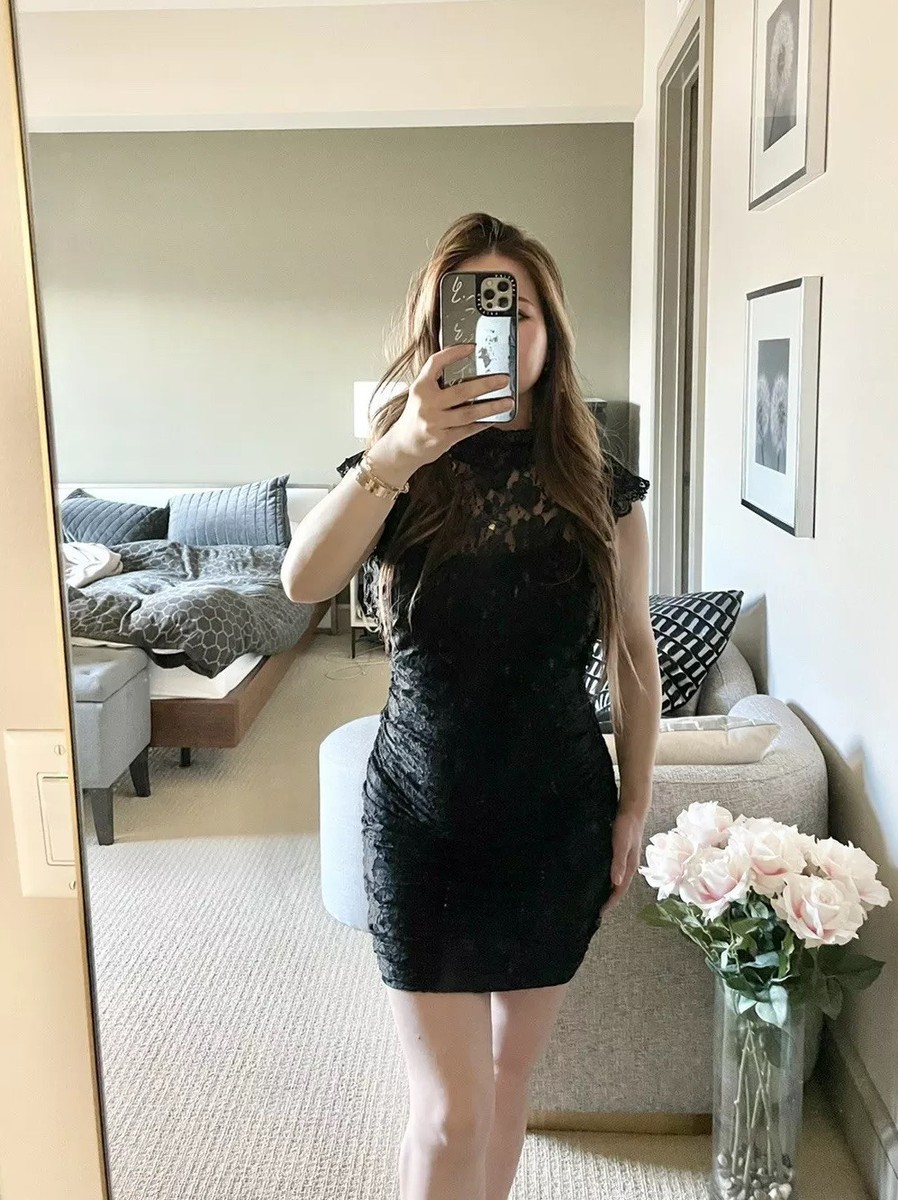 black dress with lace sleeves forever 21 Forever 21 black lace long-sleeved mini dress Small elegant
