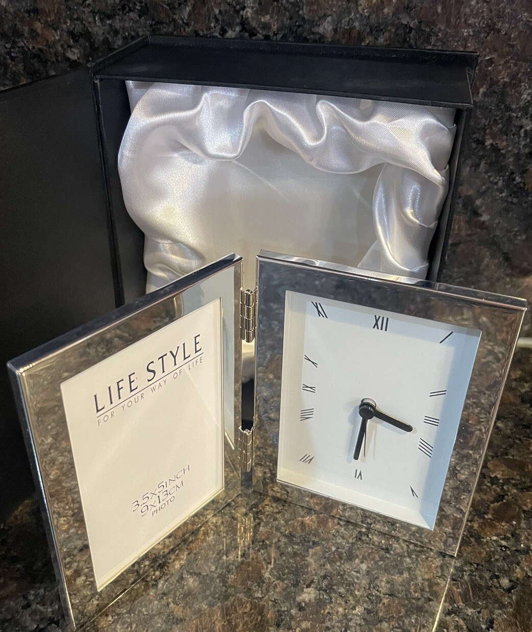 Silver Tone Clock w/Picture Frame 3.5" x 5" - Clock Keeps Time in Black Gift Box