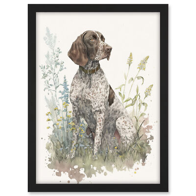 German Pointer Dog in Field Watercolour Framed Wall Art Picture Print A3
