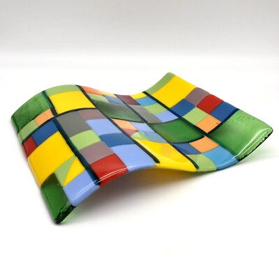 Handmade Art Glass Wave Tray Color Block Fused Abstract Shelf Sitter Cache 