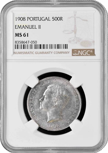Portugal 500 reis 1908, NGC MS61, "King Manuel II (1908 - 1910)" silver coin