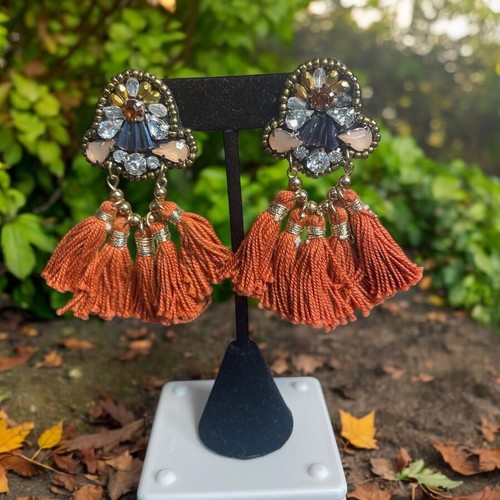 Boho Tassel Statement Earrings Orange Fringe Beaded Handmade Artistic Festival