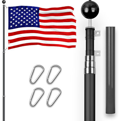 Combo: 16 Ft Telescoping Flagpole Black & American USA Flag 2.5x4 Ft Emb 210D