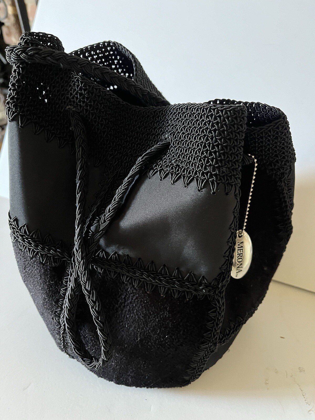 Vtg Black Patchwork Backpack Purse Lined Crochete… - image 4