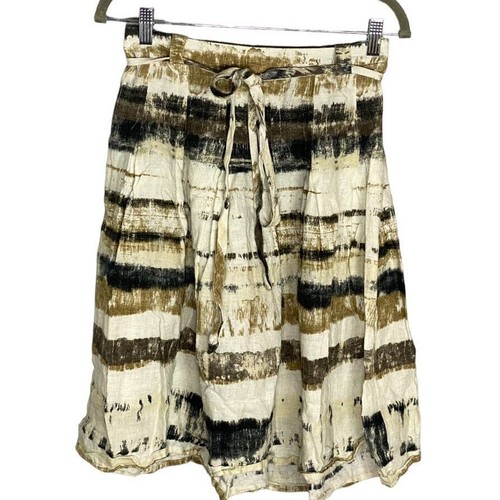 Zara Basic Womens Skirt 100% Linen Flare Tie Waist Striped Brown Size Small