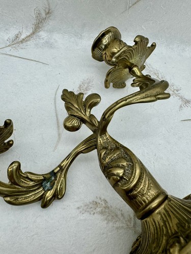 Pair Antique Style Italian Baroque Gilt Brass Candelabras Heavy W/ Gold Candles - Picture 11 of 24
