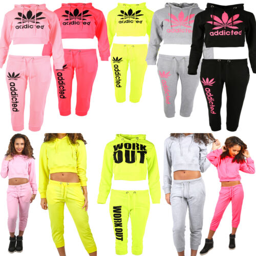 New Womens Ladies Cropped Belly Hoody Top Joggers Bottoms Tracksuit 2 Piece Set - Picture 1 of 19