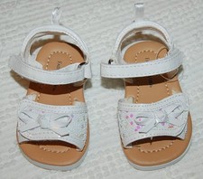 Baby Girls WHITE SPARKLE OPEN TOE SANDALS Bow Accent ADJUSTABLE Hook Loop SZ 2