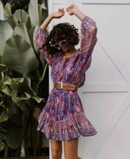Spell & The Gypsy Bianca Wisteria Purple Floral Mini Dress Size S AU 8 US 4