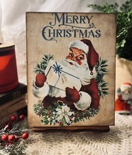 RETRO Santa with Gift, MERRY CHRISTMAS, Handcrafted Plaque / Sign