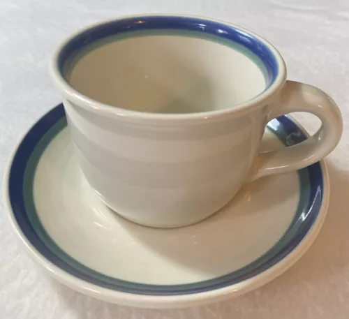 Pfaltzgraff Northwinds Coffee Tea Cup Blue Green Stripe Mug 6” Saucer USA 8 oz