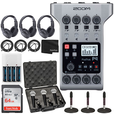 Zoom PodTrak P4 Portable Multitrack Podcast Recorder + 64GB Memory Card + Mics
