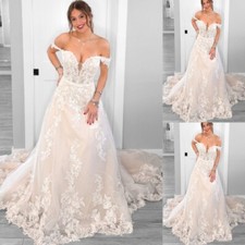 Champagne Wedding Dresses Off Shoulder Lace Applique Sweep Train Bridal Gowns