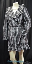 Kenar Plaid Taffeta Ruffled Snap Belt Trench Coat Knee Jacket Grey Shimmer Xs S
