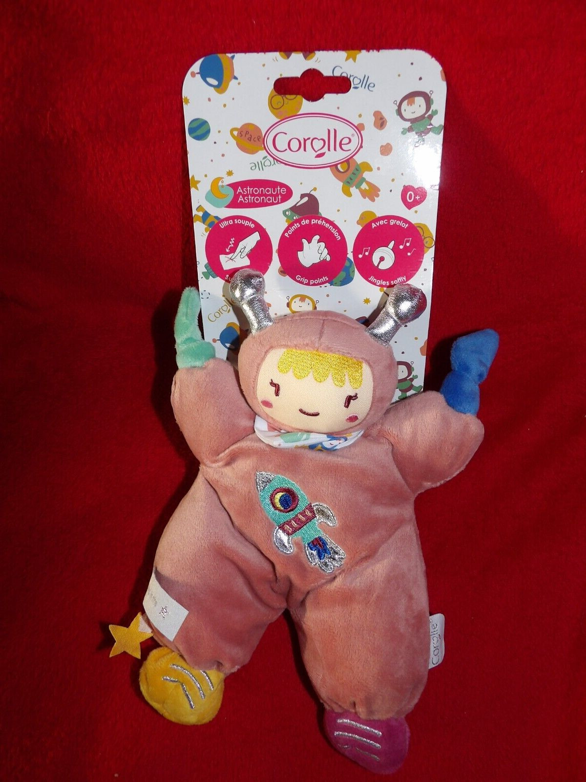 Doudou poupée astronaute rose Corolle brodé fusée peluche premier âge neuve