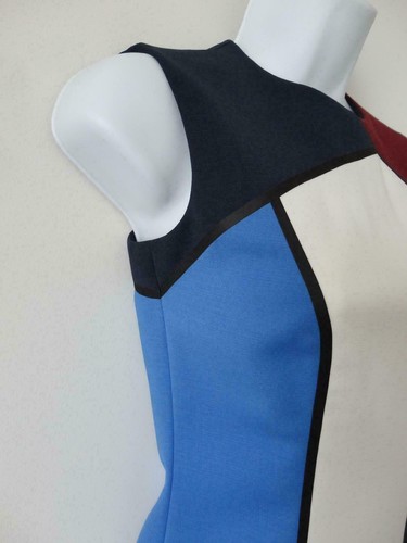 NUEVO CON ETIQUETAS ESCADA Vestido Dratta Azul Multi Lana Virgen Medianoche Cuello Redondo Sin Mangas 32 - Imagen 4 de 9
