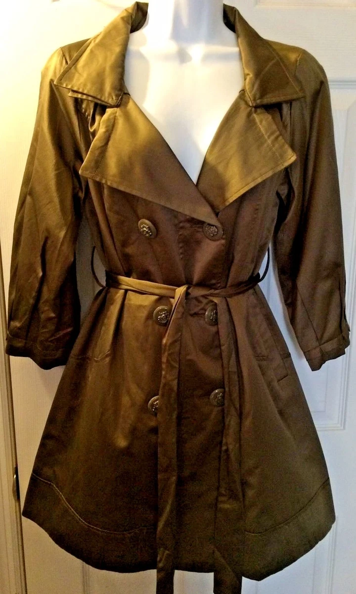 New SISLY Olive Green Trench Coat Jacket Belted Dress Pleats Shiny