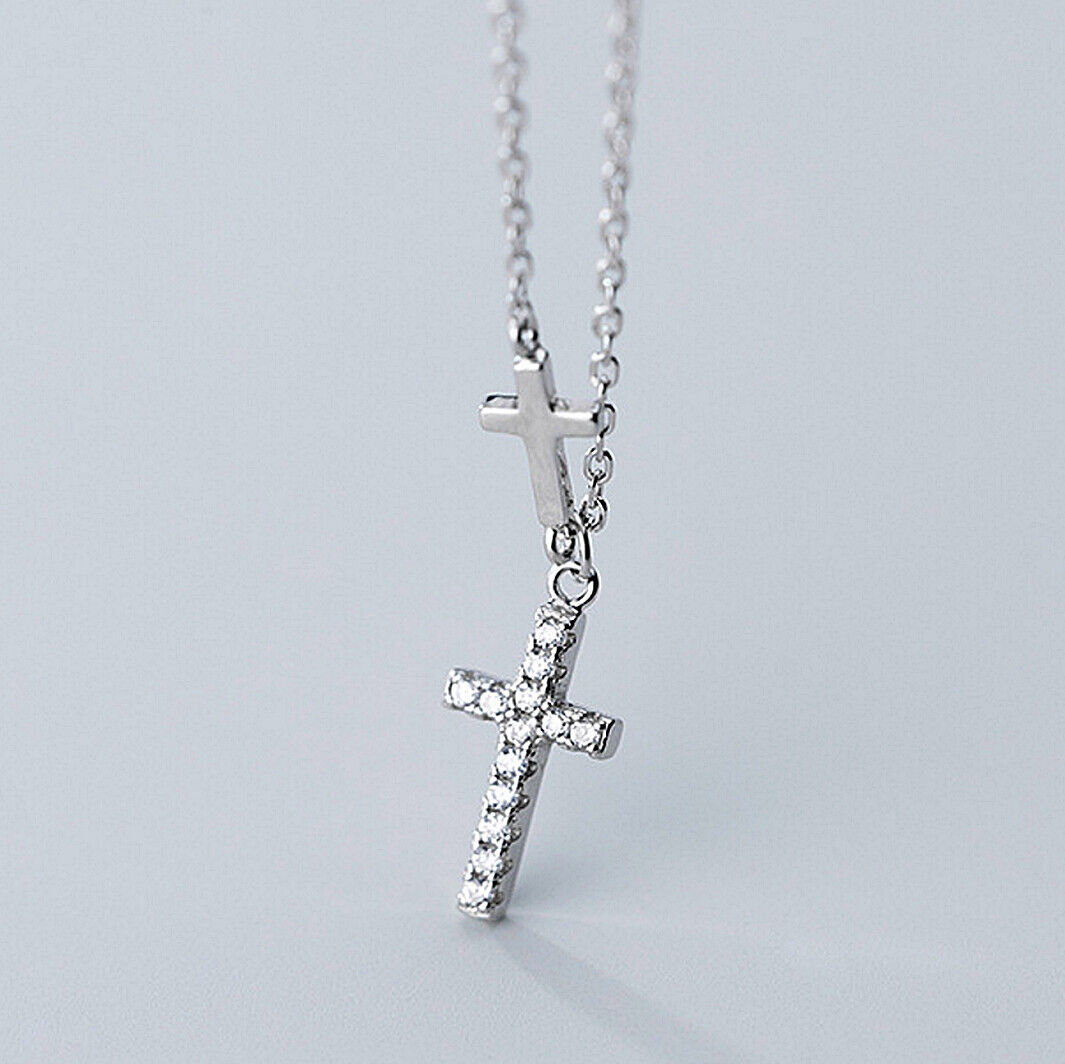 925 Sterling Silver Double Cross CZ Pendant Necklace A2187