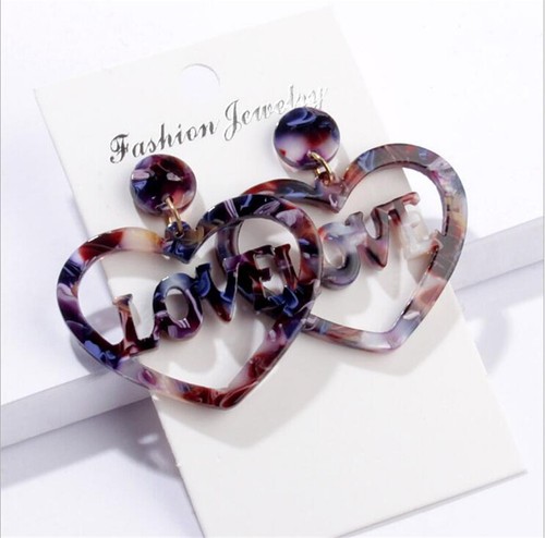 Fashion Acetate Earrings Hollow Heart Shaped LOVE Pendant Drop Dangle Jewelry - Picture 17 of 19